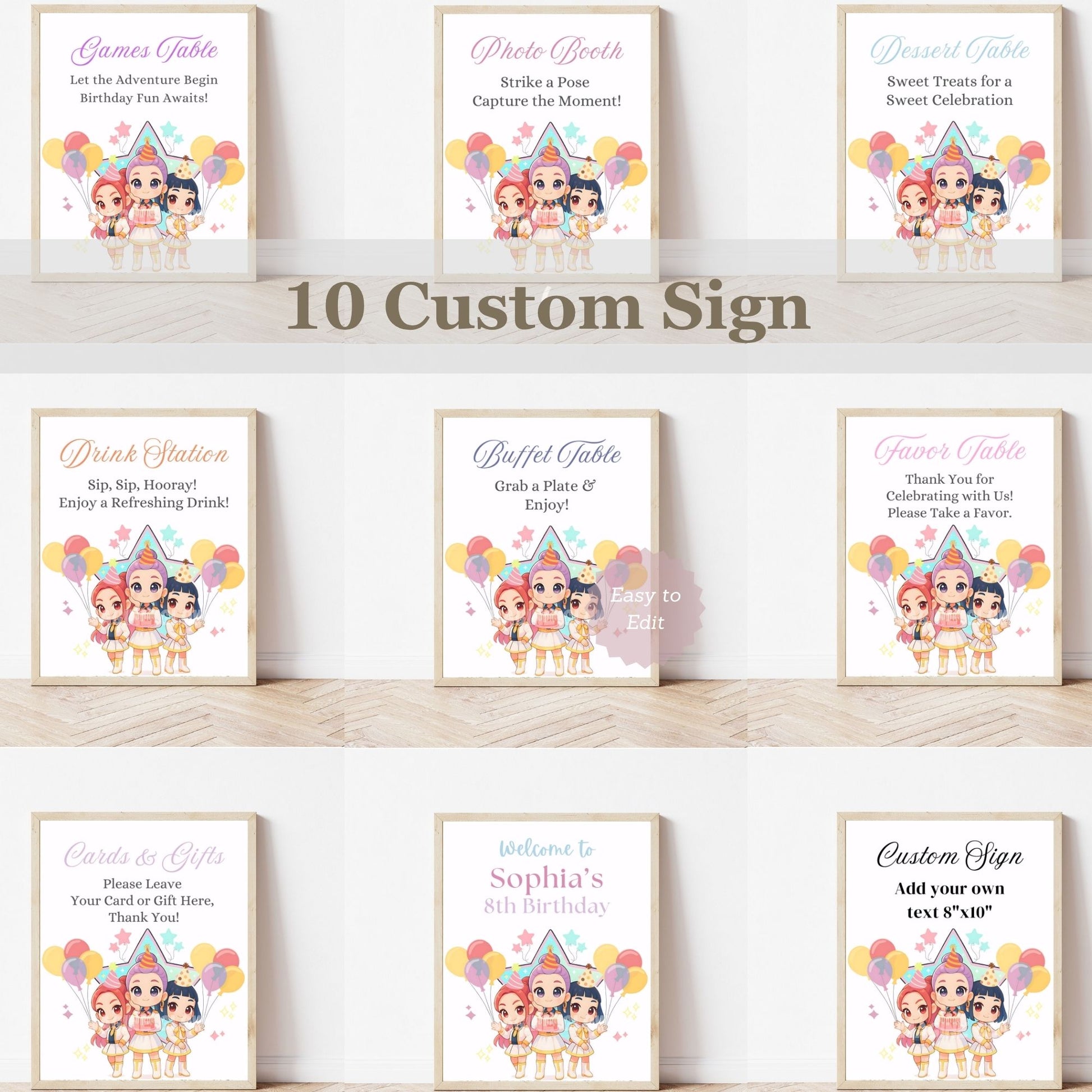 Set of 10 customizable birthday party signs with kpop demon hunters characters