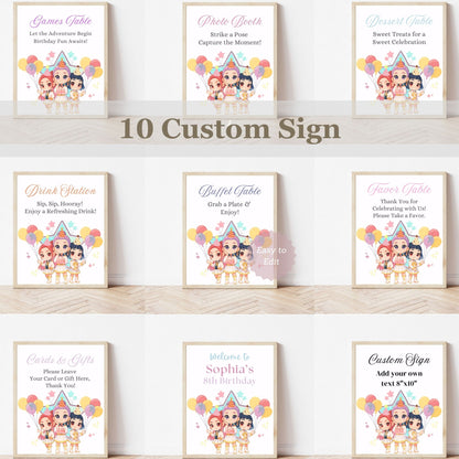 Set of 10 customizable birthday party signs with kpop demon hunters characters