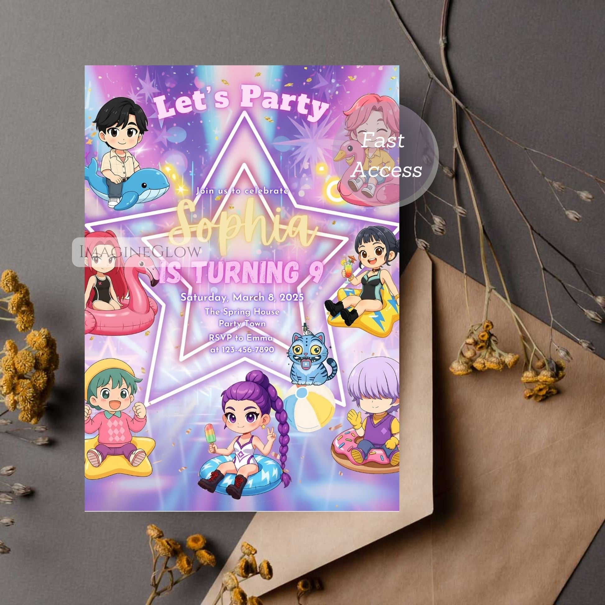summer anime birthday invitation