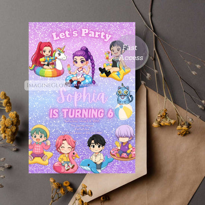 Birthday party invitation with cartoon characters on a purple background