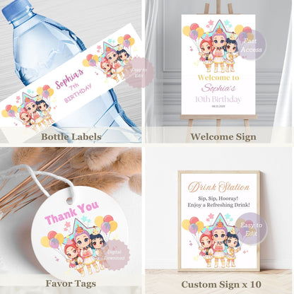 Collage of kpop demon hunters birthday party decorations including bottle labels, favor tags, and welcome sign with cartoon characters.