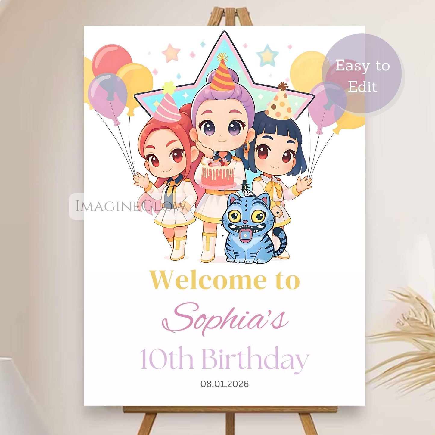 kpop demon hunters birthday welcome sign
editable huntrix anime welcome sign
