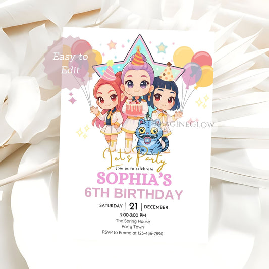 kpop demon hunters birthday invitation
huntrix anime party invite editable
