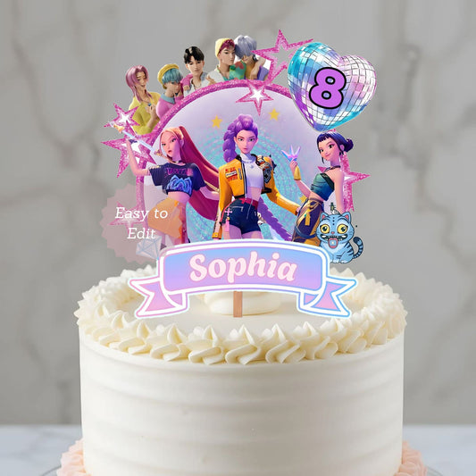 Cake topper featuring animated K-pop superstars Rumi, Mira and Zoey and a disco ball