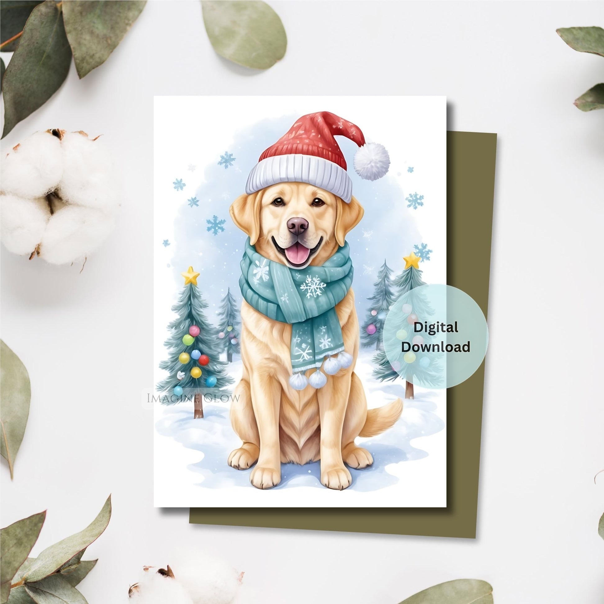 Digital download card with a dog wearing a Santa hat and scarf on a snowy background.