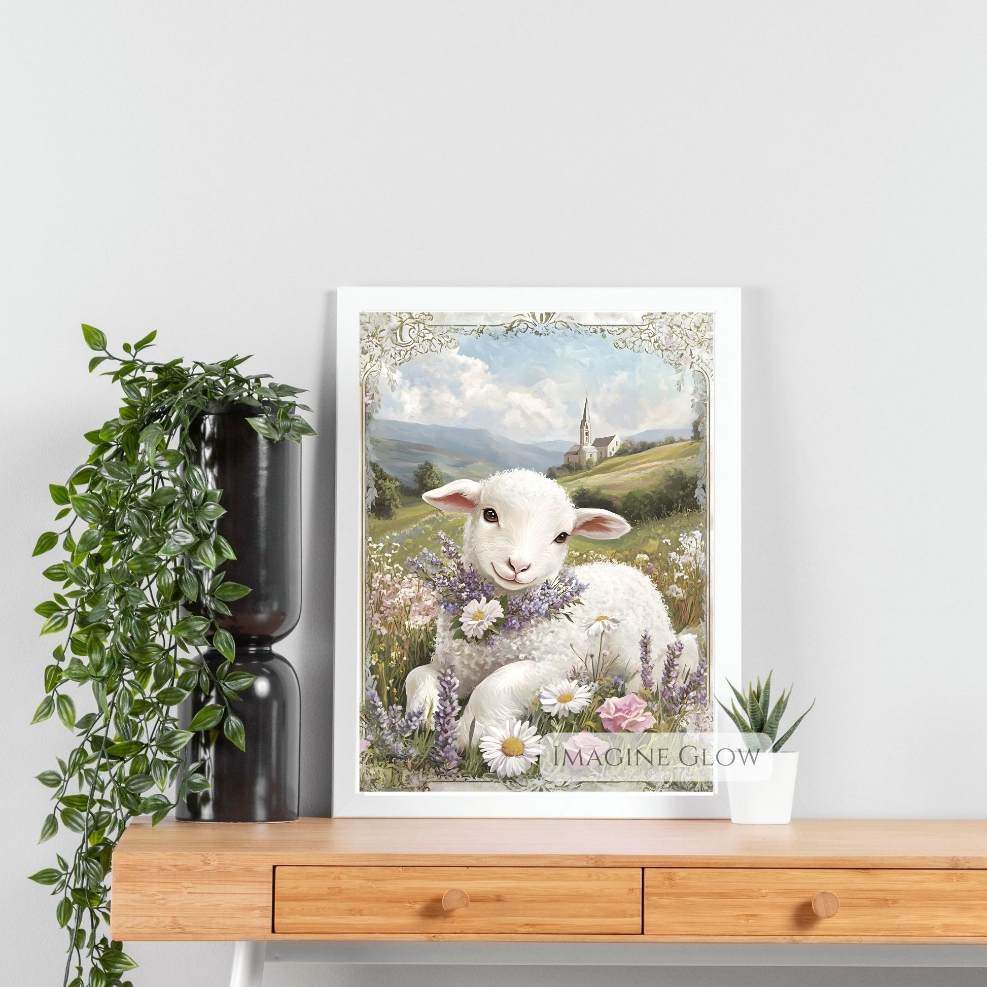 Pastoral lamb scene for rustic farmhouse decor.
