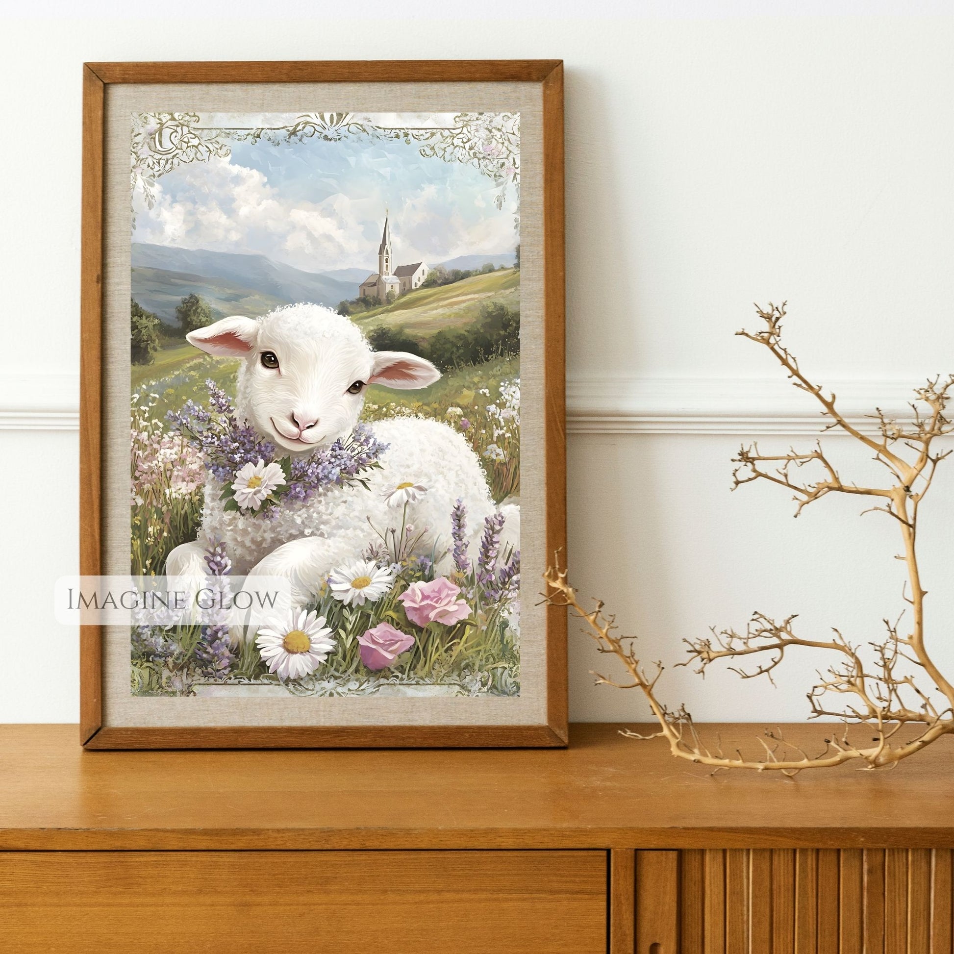 Spring lamb illustration in a lush green meadow.
