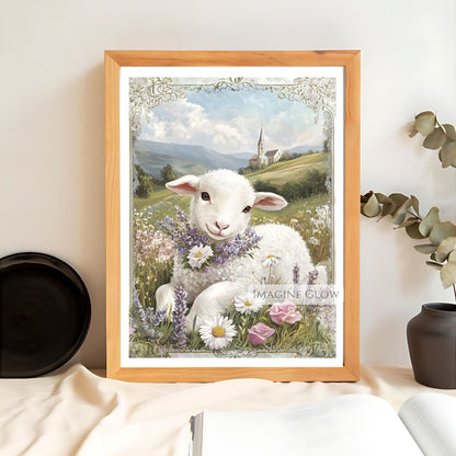 Rustic lamb in a meadow animal print decor.
