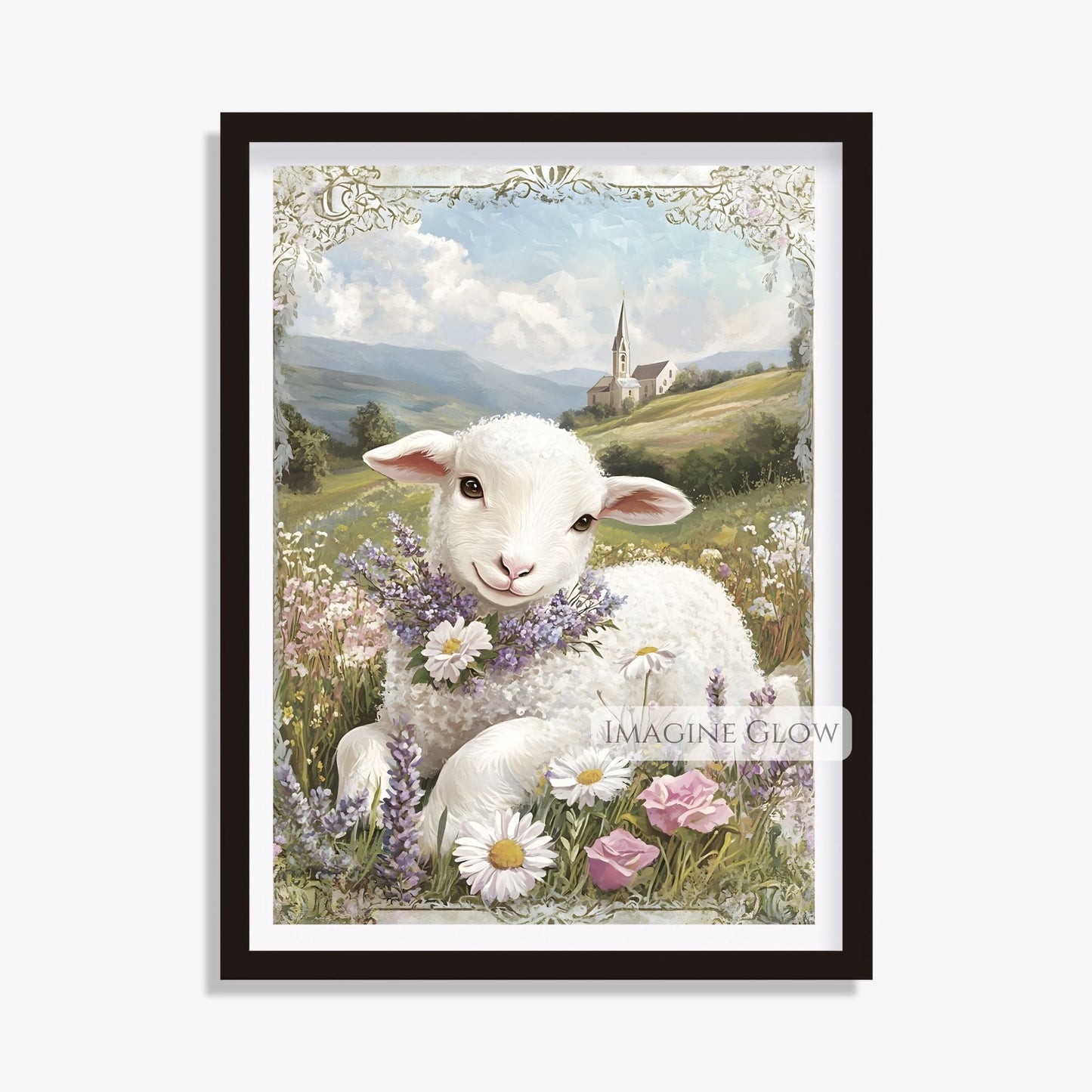 Lamb resting in a meadow with wildflowers art.
