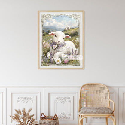 Countryside lamb scene for spring wall decor.
