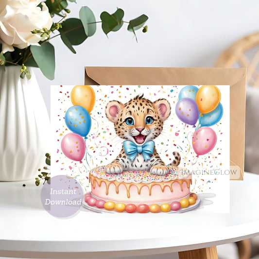 Leopard birthday card for boy
Printable jungle birthday card for kids
Wild cat card for boys' celebration


