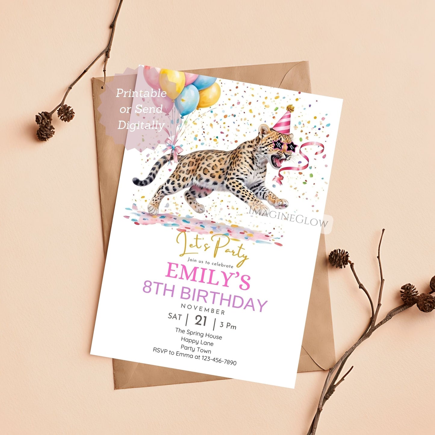 digital leopard birthday evite for girls
