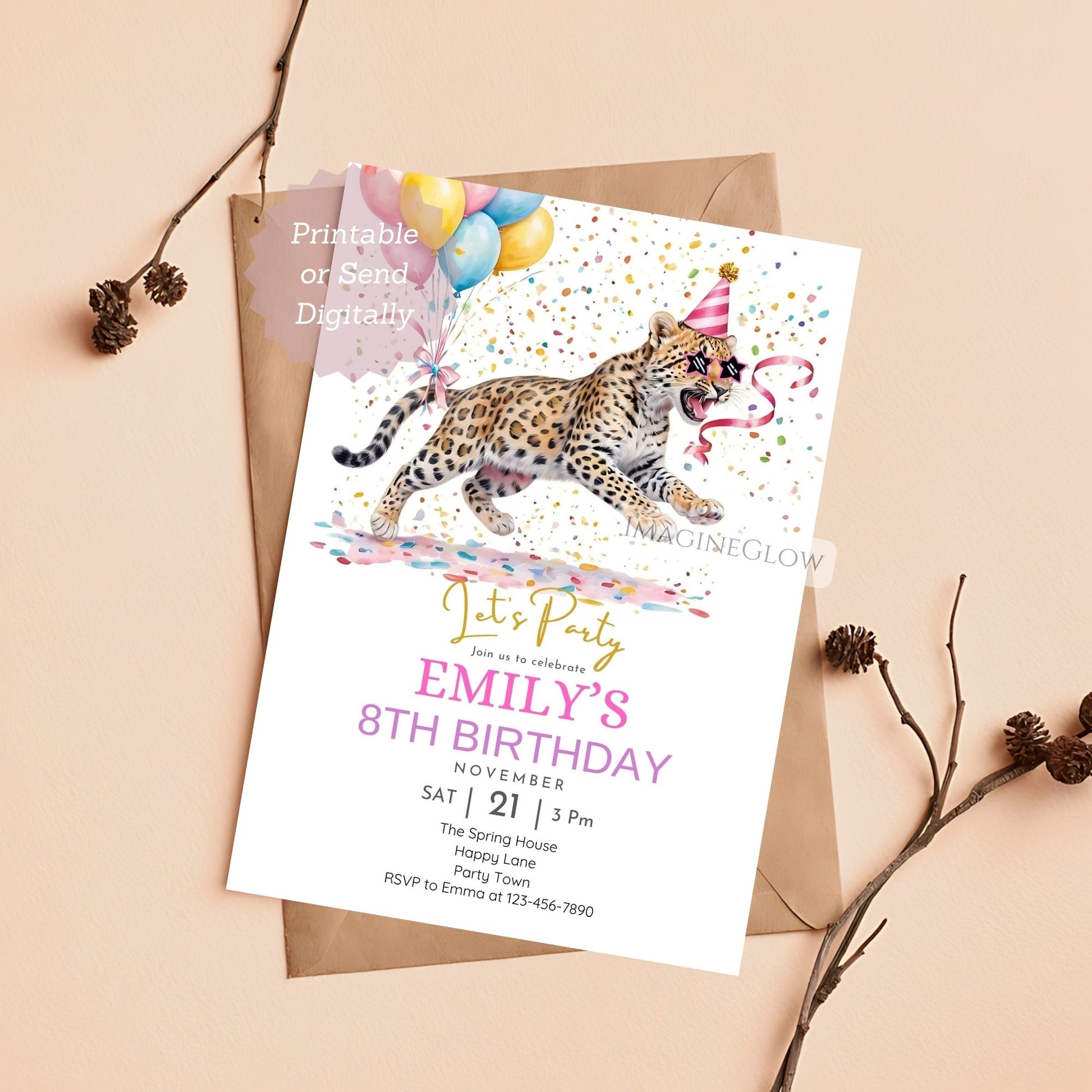 digital leopard birthday evite for girls
