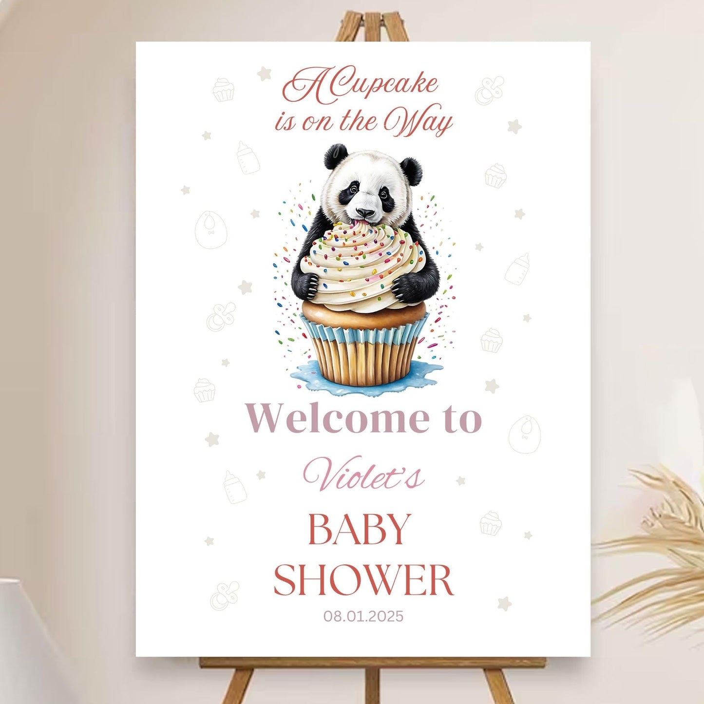 Neutral baby shower sign for boy or girl with cupcake design.
