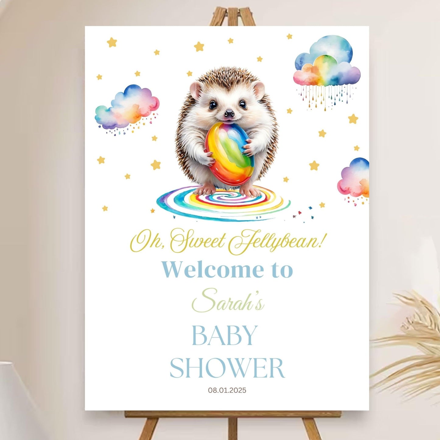 Sweet jellybean theme baby shower sign with hedgehog.
