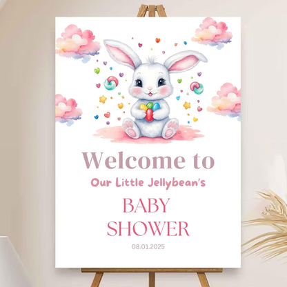 Little Jellybean baby shower sign with editable features and bunny pink girl accents.
Jellybean baby shower welcome sign with vibrant bunny pink girl design.