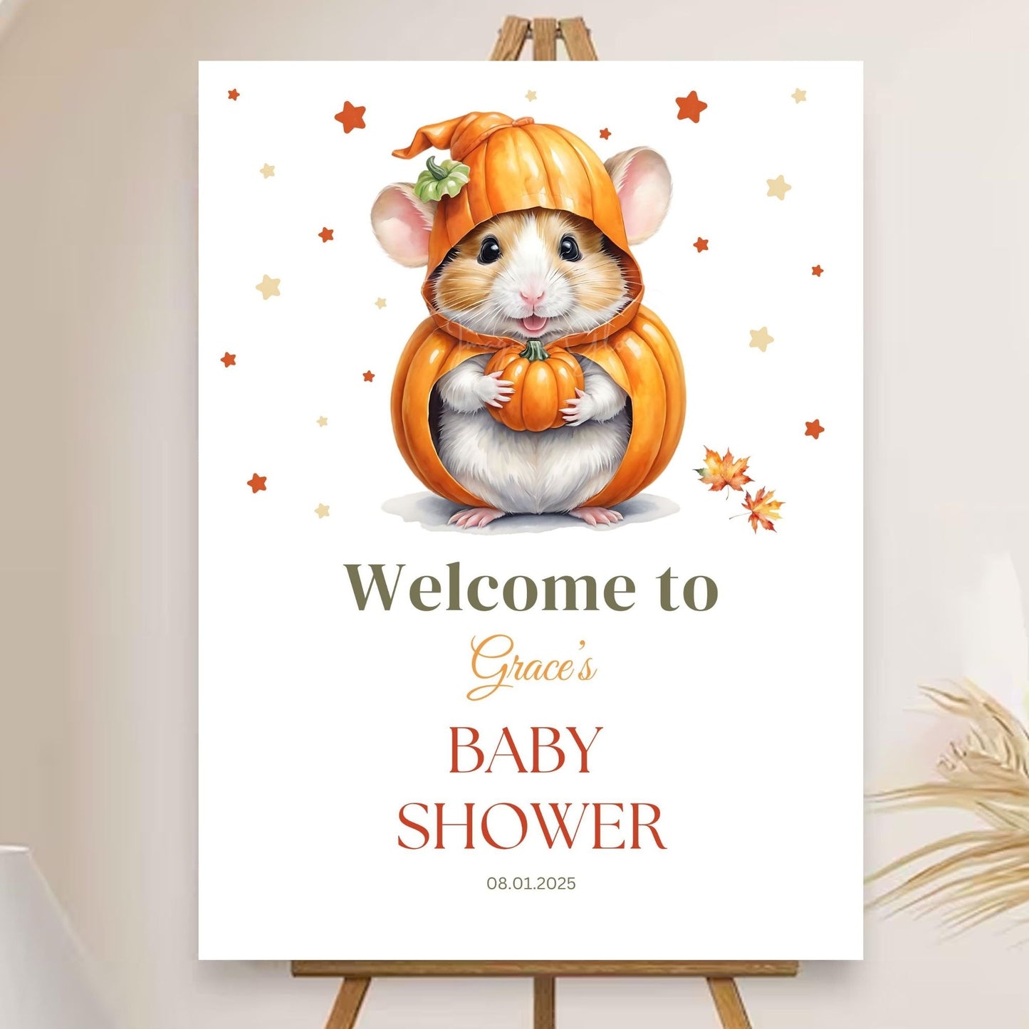 Autumn-inspired baby shower sign for welcoming guests.
