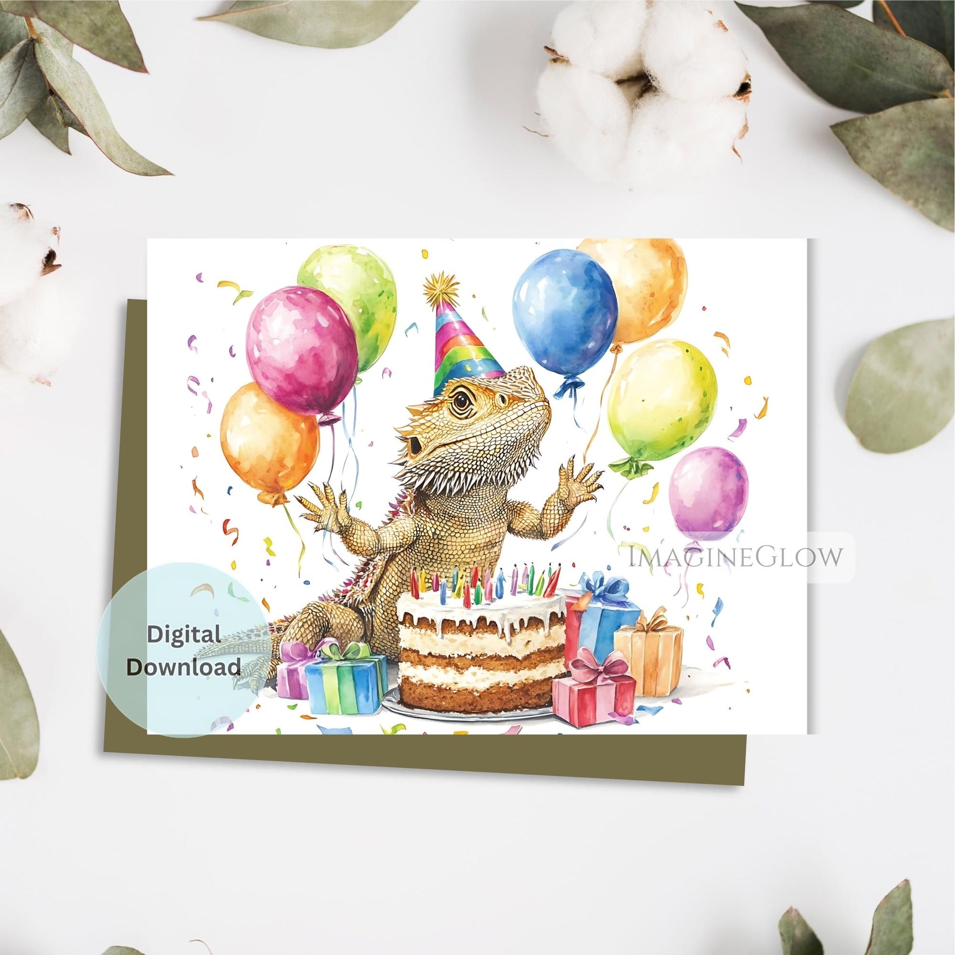 Birthday card with a bearded dragon, balloons, and cake on a white background.