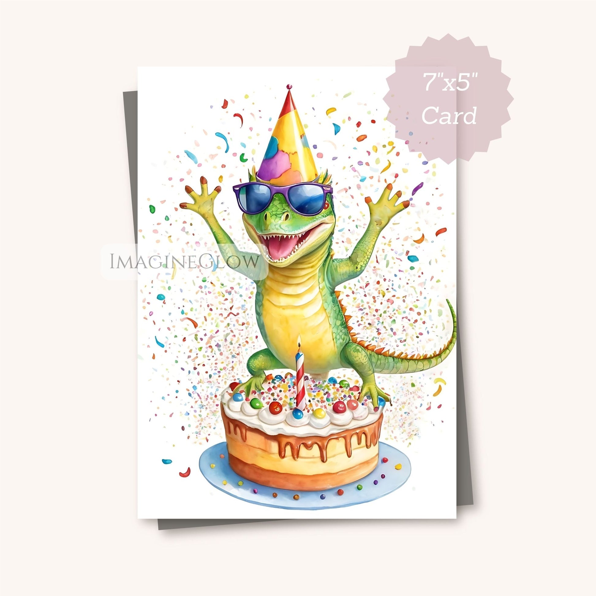 Birthday card with a lizard on a cake, wearing sunglasses and a party hat, with confetti around.