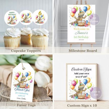 Collection of birthday party items including cupcake toppers, milestone board, favor tags, and custom signs with a bearded dragon and balloons design.