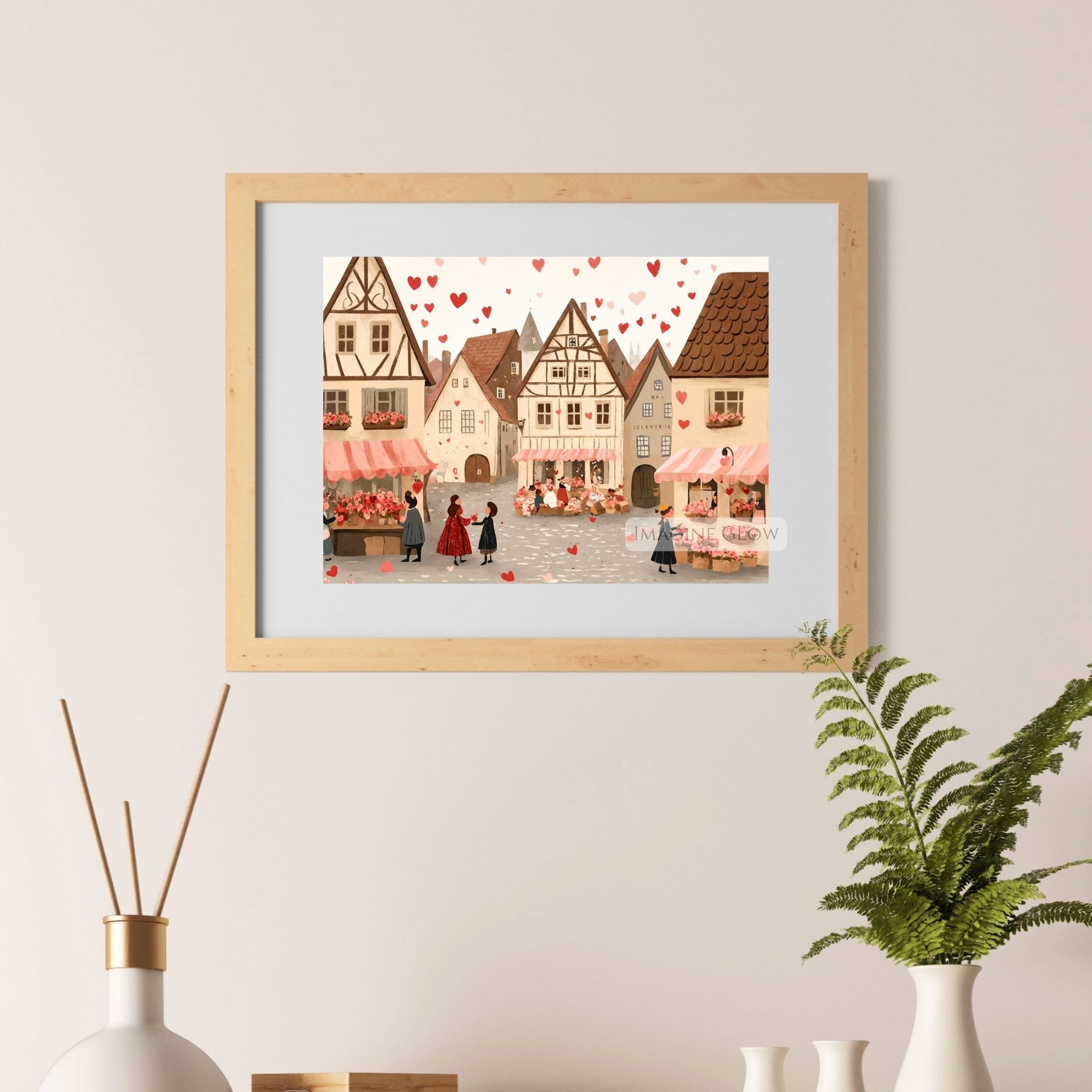 Romantic village street art illustration for home decor
