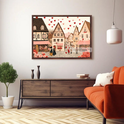 Hand-drawn romantic village scene with heart details
