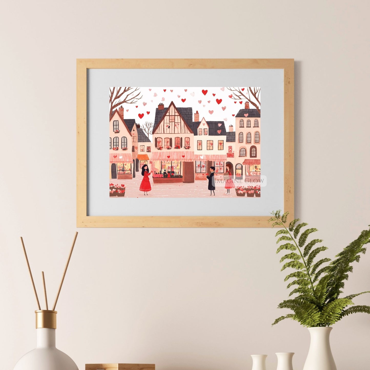 Hand-drawn romantic village scene for wall decor
