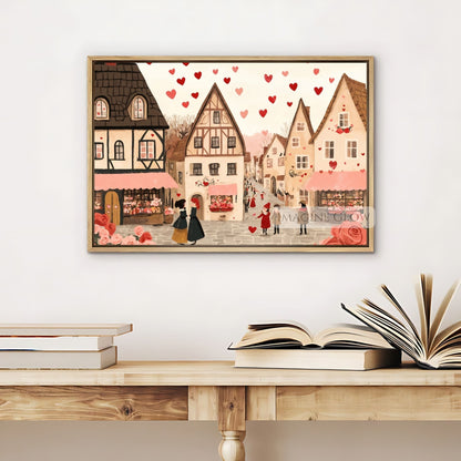 Love-themed cozy village art print for romantic decor
