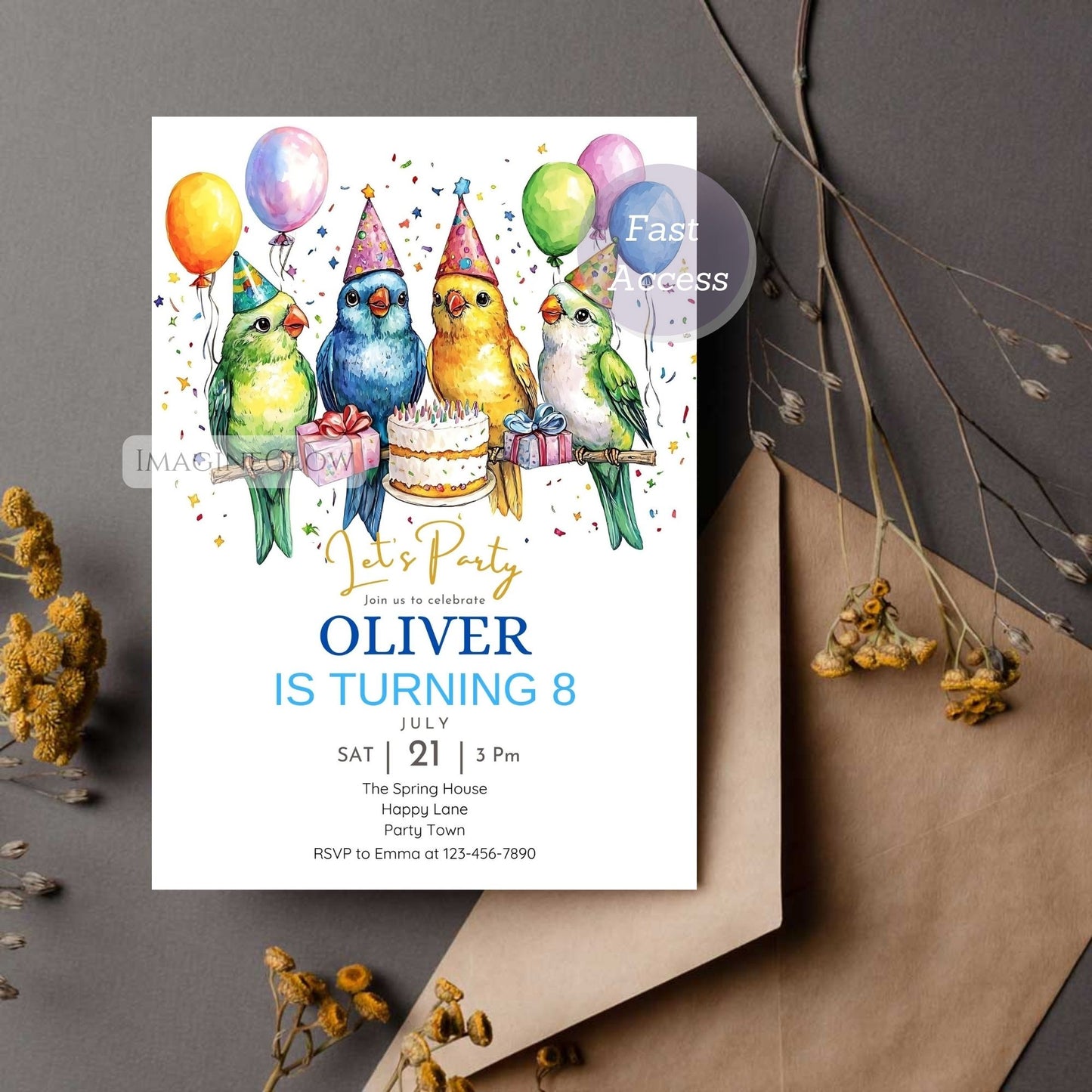 Personalized lovebird birthday invite template
Instant download editable lovebird party invitation
