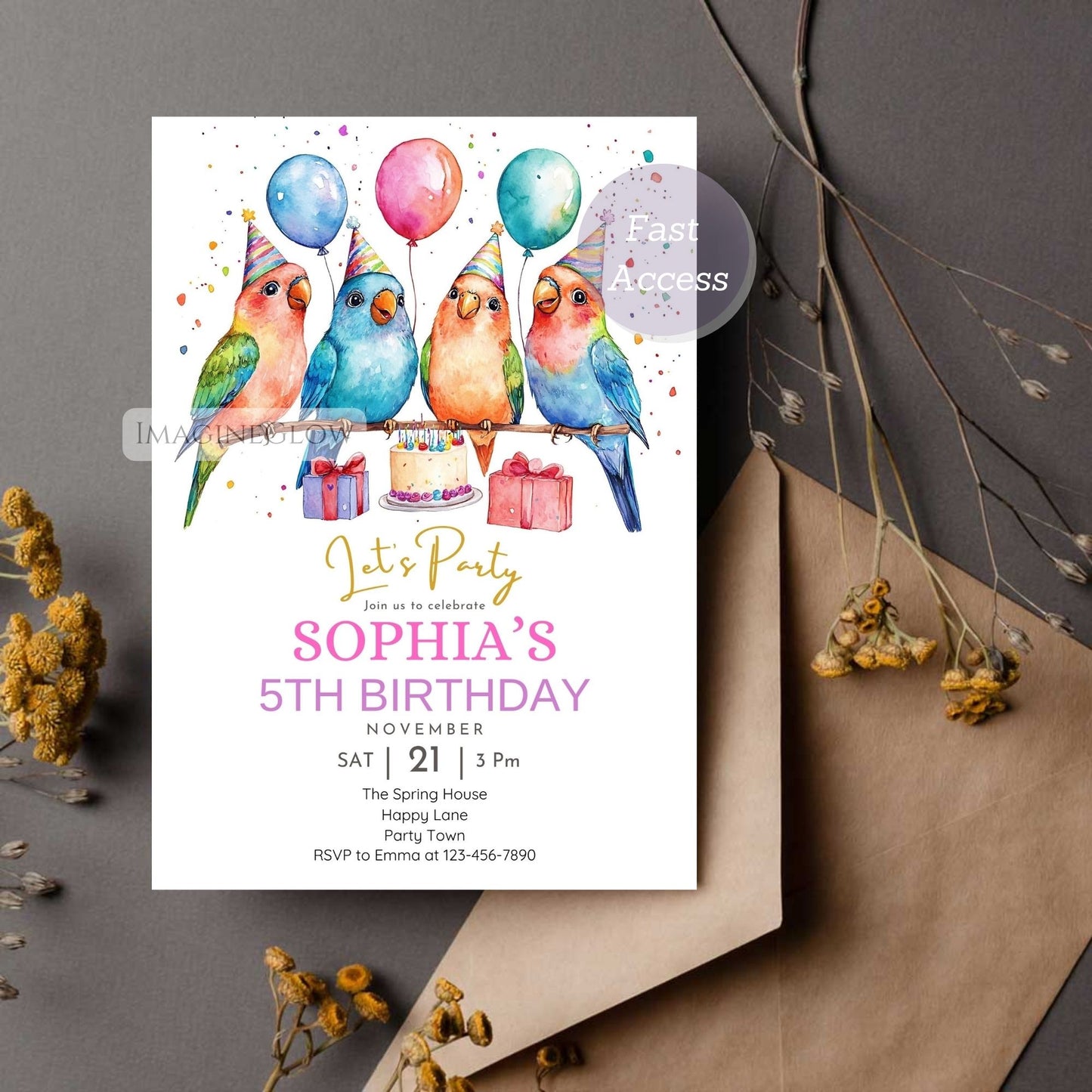 Pastel bird birthday card customizable in Canva
