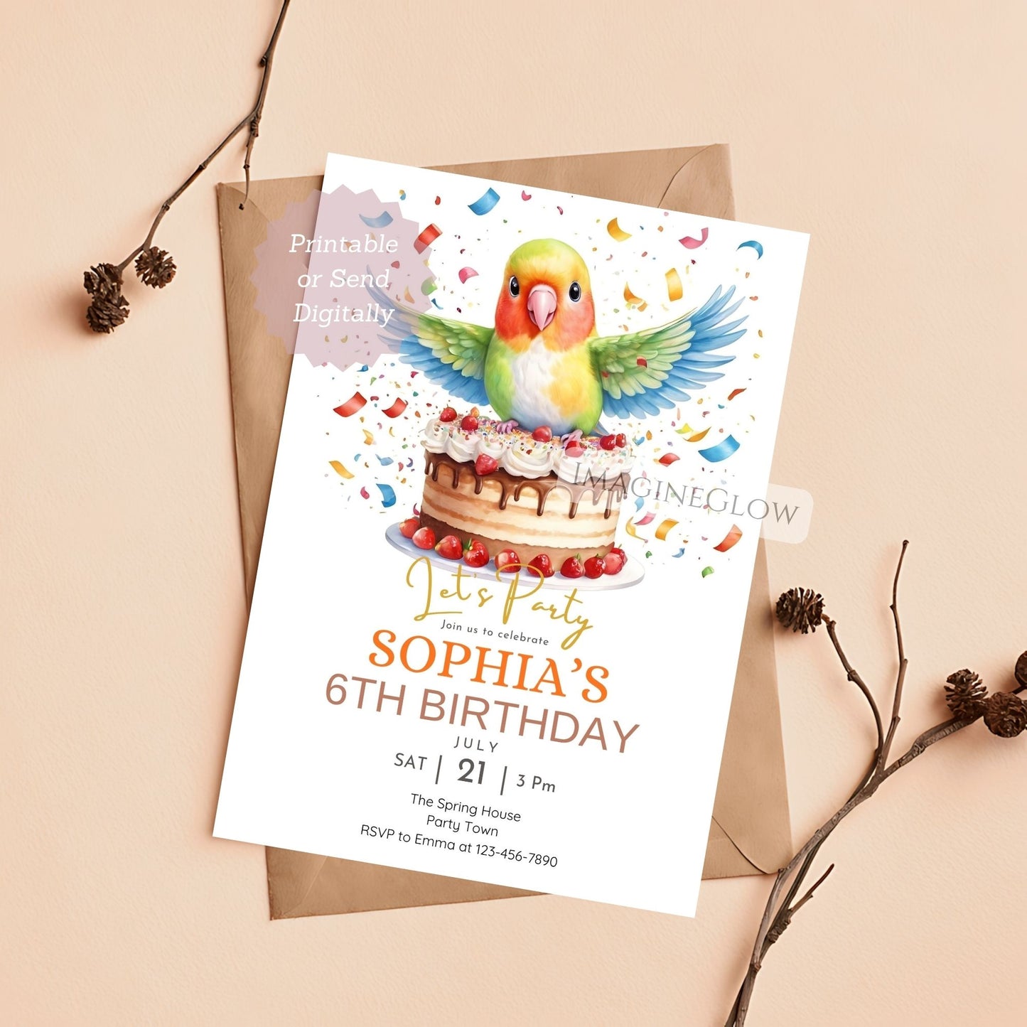 colorful bird birthday invitation digital download
