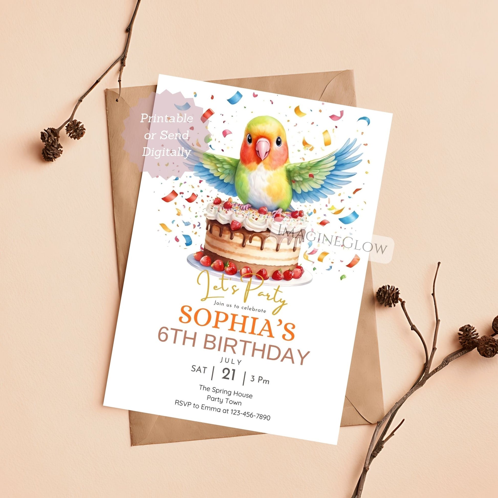 colorful bird birthday invitation digital download
