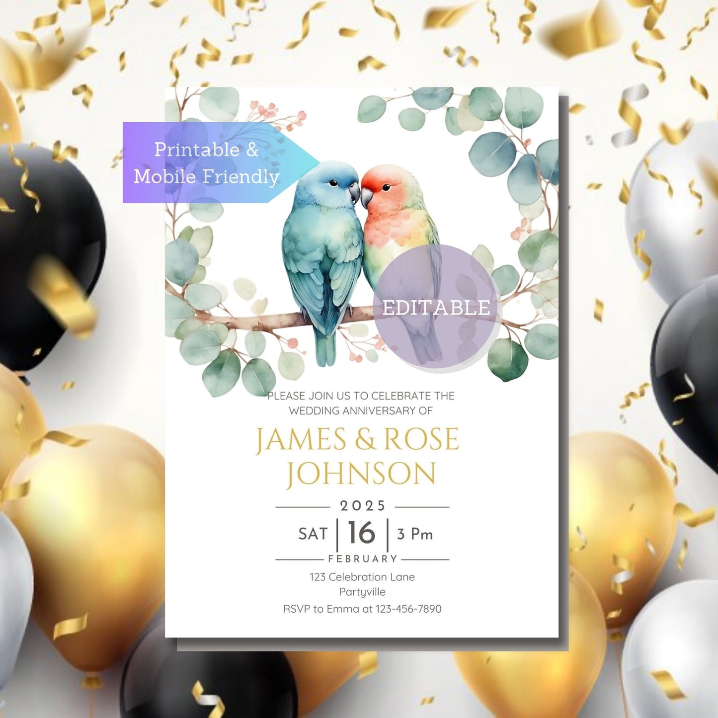 Lovebirds-themed wedding invite template, mobile and printable, editable in Canva