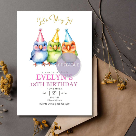 Editable Lovebirds birthday invitation template in Canva