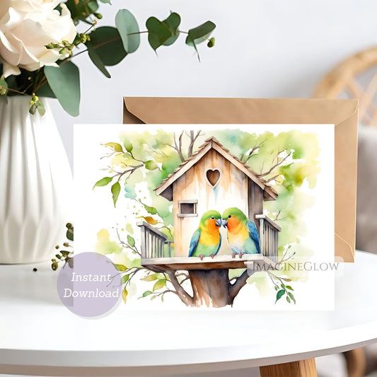 Greeting card with two birds kissing on a treehouse, surrounded by flowers and leaves.