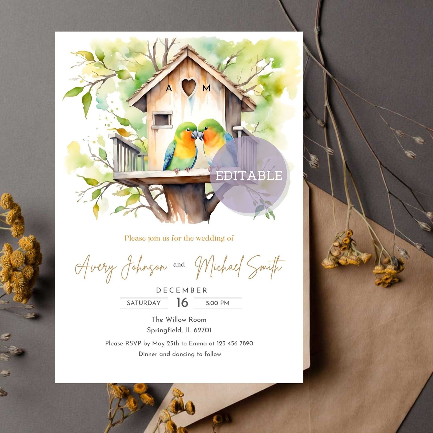 Lovebirds wedding invitation template with customizable initials on a treehouse