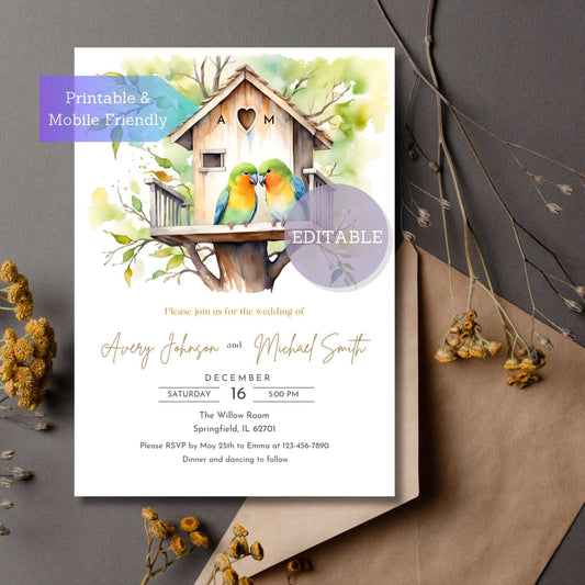 Lovebirds wedding invitation template with customizable initials on a treehouse