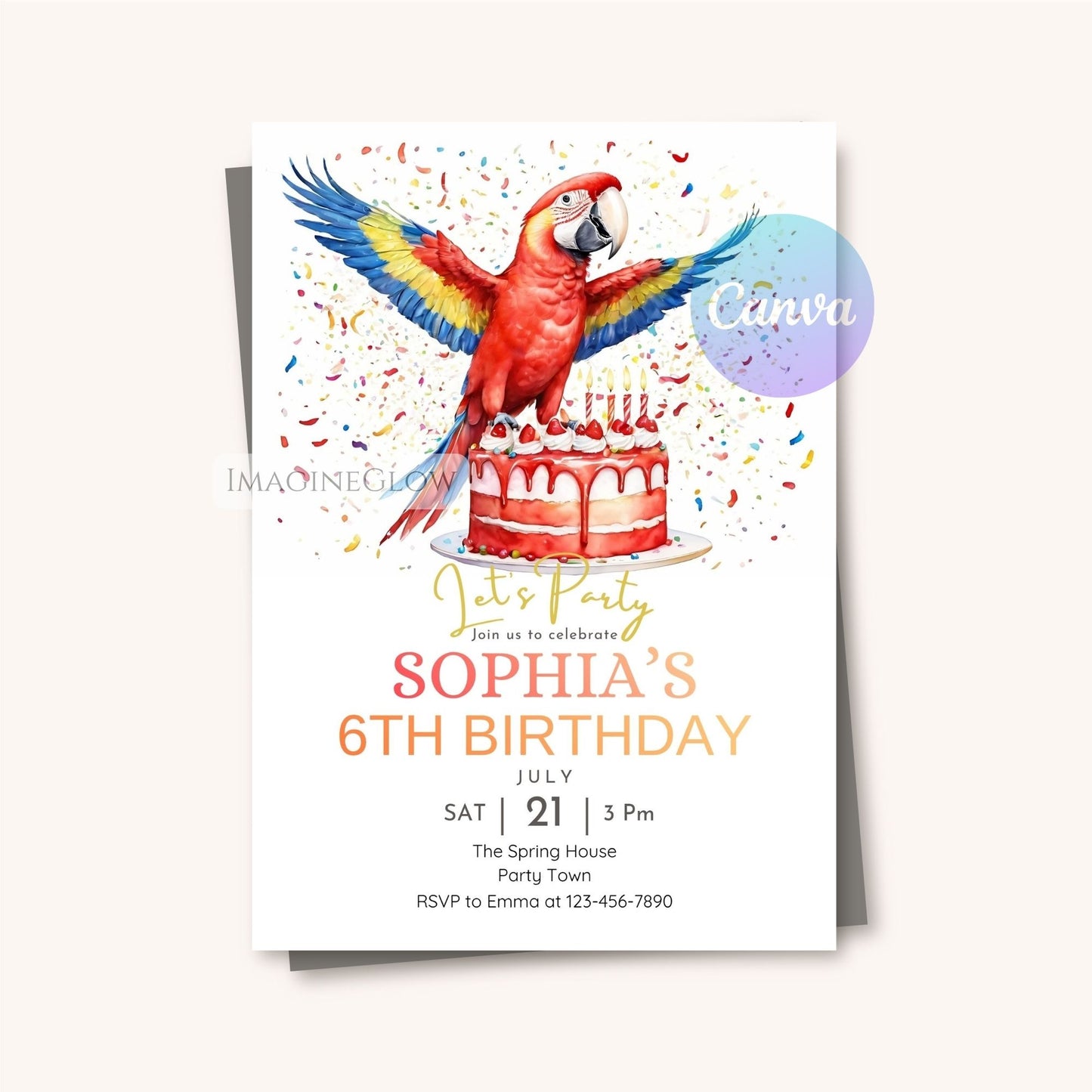 tropical parrot kids invitation
