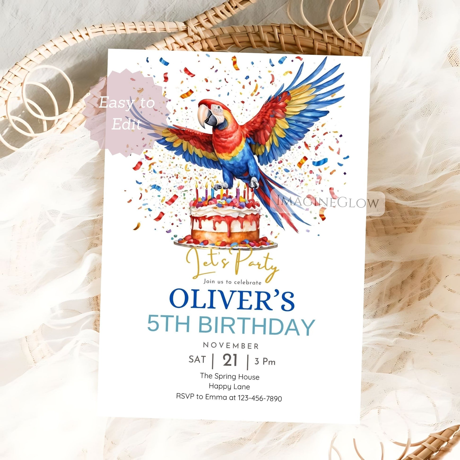 summer bird party invite
bright macaw birthday card
