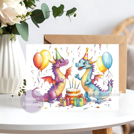 Birthday card with two dragons, balloons, and a cake on a white surface.