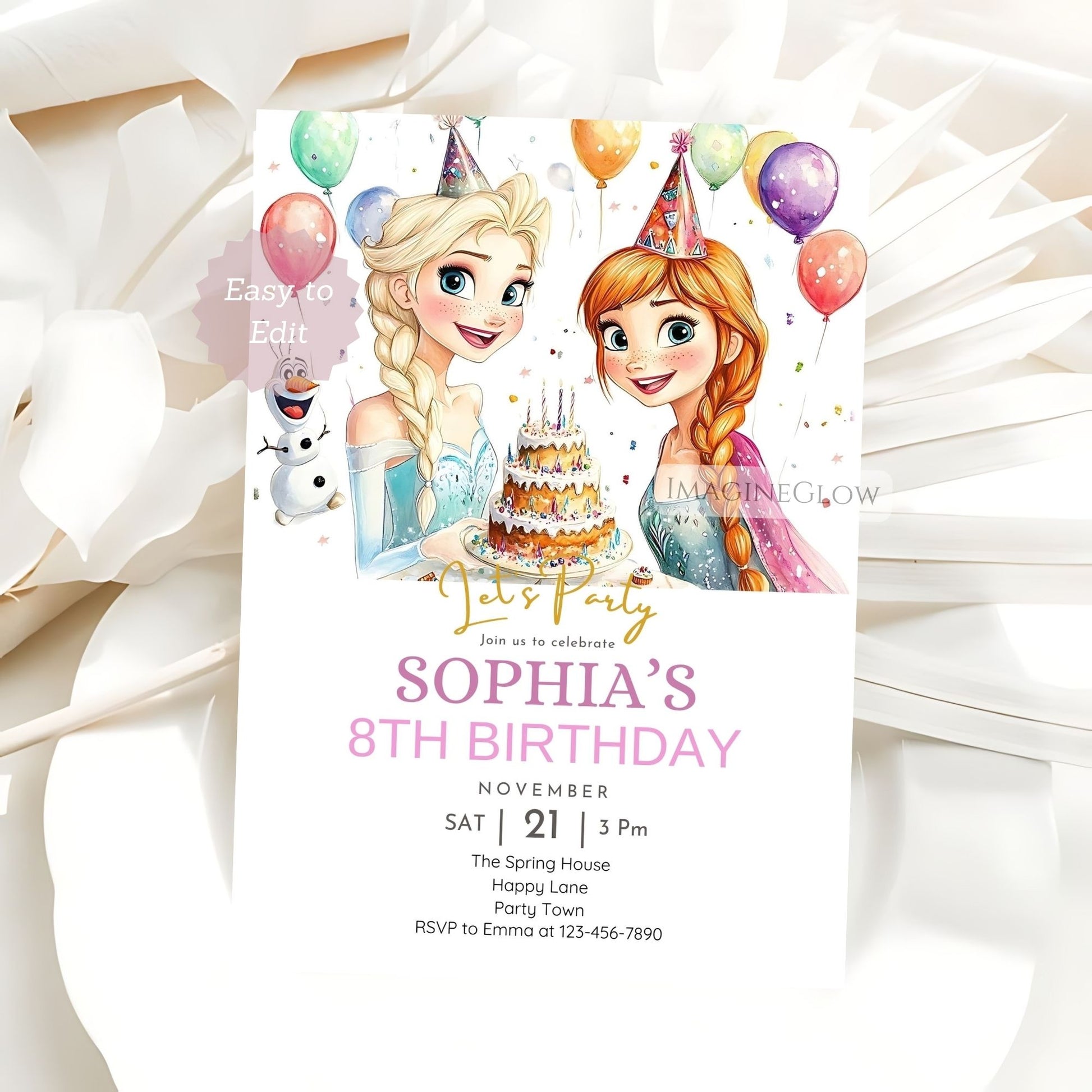 Princess birthday invite with icy blue snowflake background
