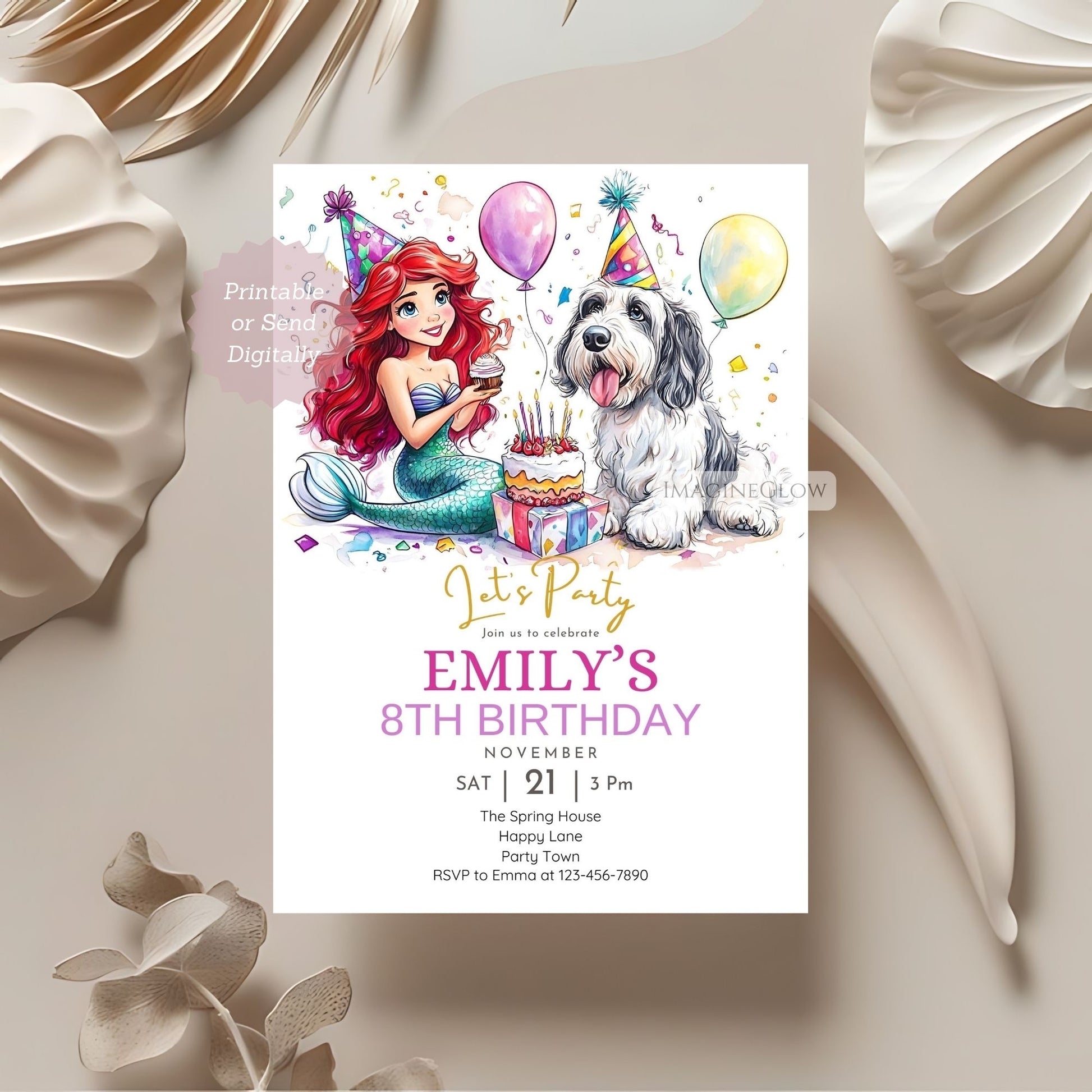 Mermaid birthday invitation with cake and balloons

