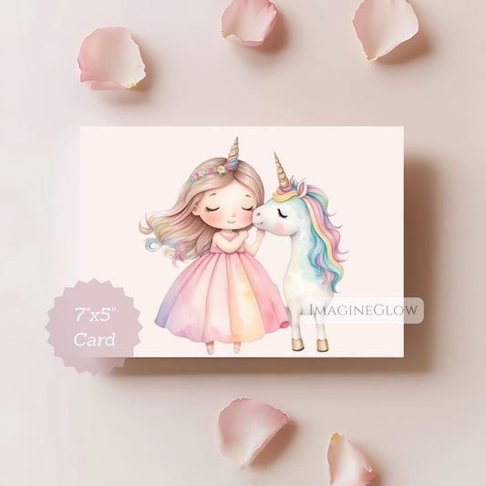 Card with illustration of a girl and unicorn 