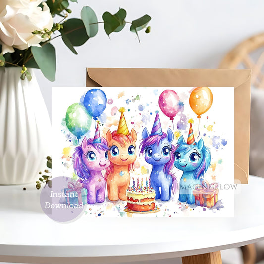 Birthday card with colorful unicorns and balloons on a white surface.