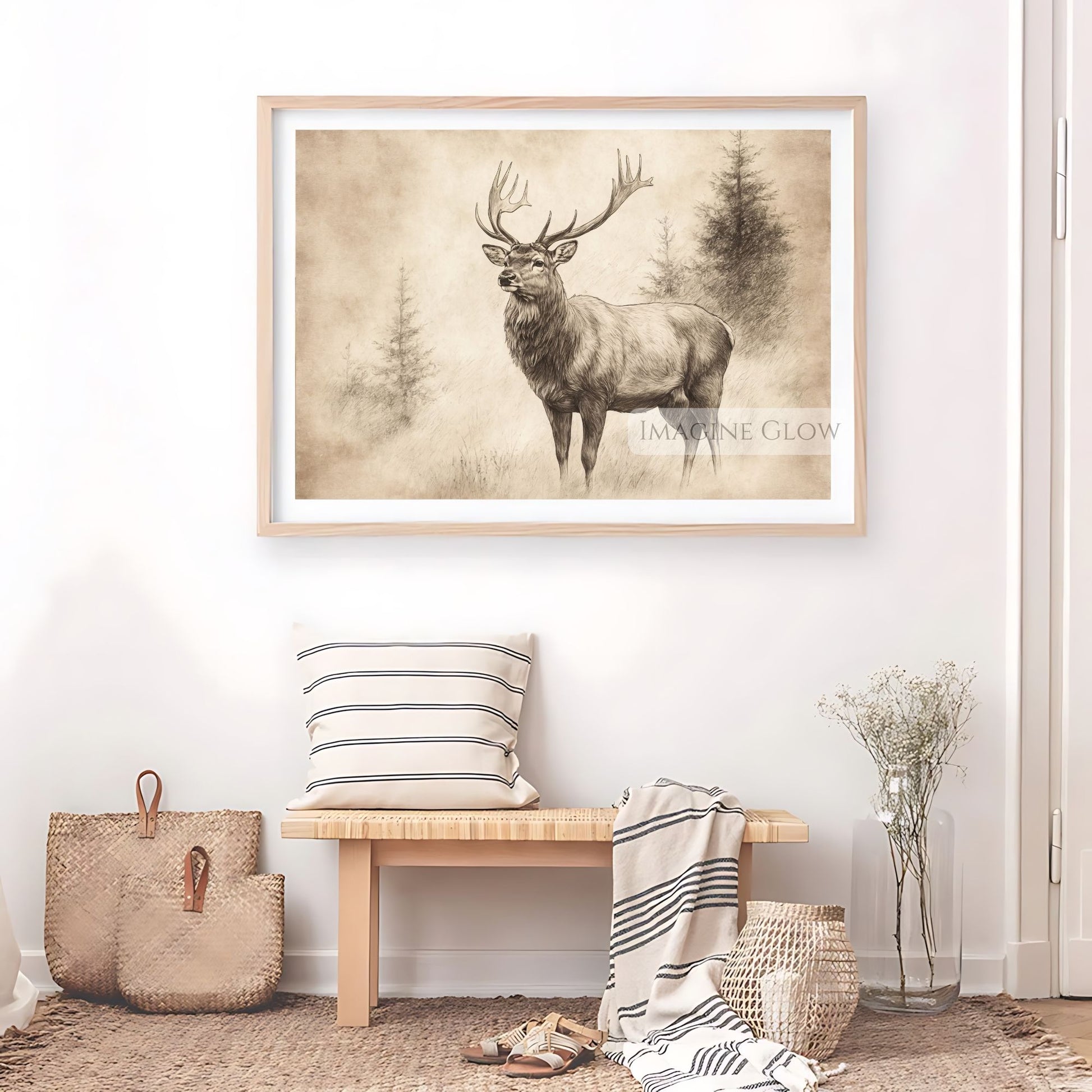 Rustic wildlife stag print for nature-inspired interiors.
