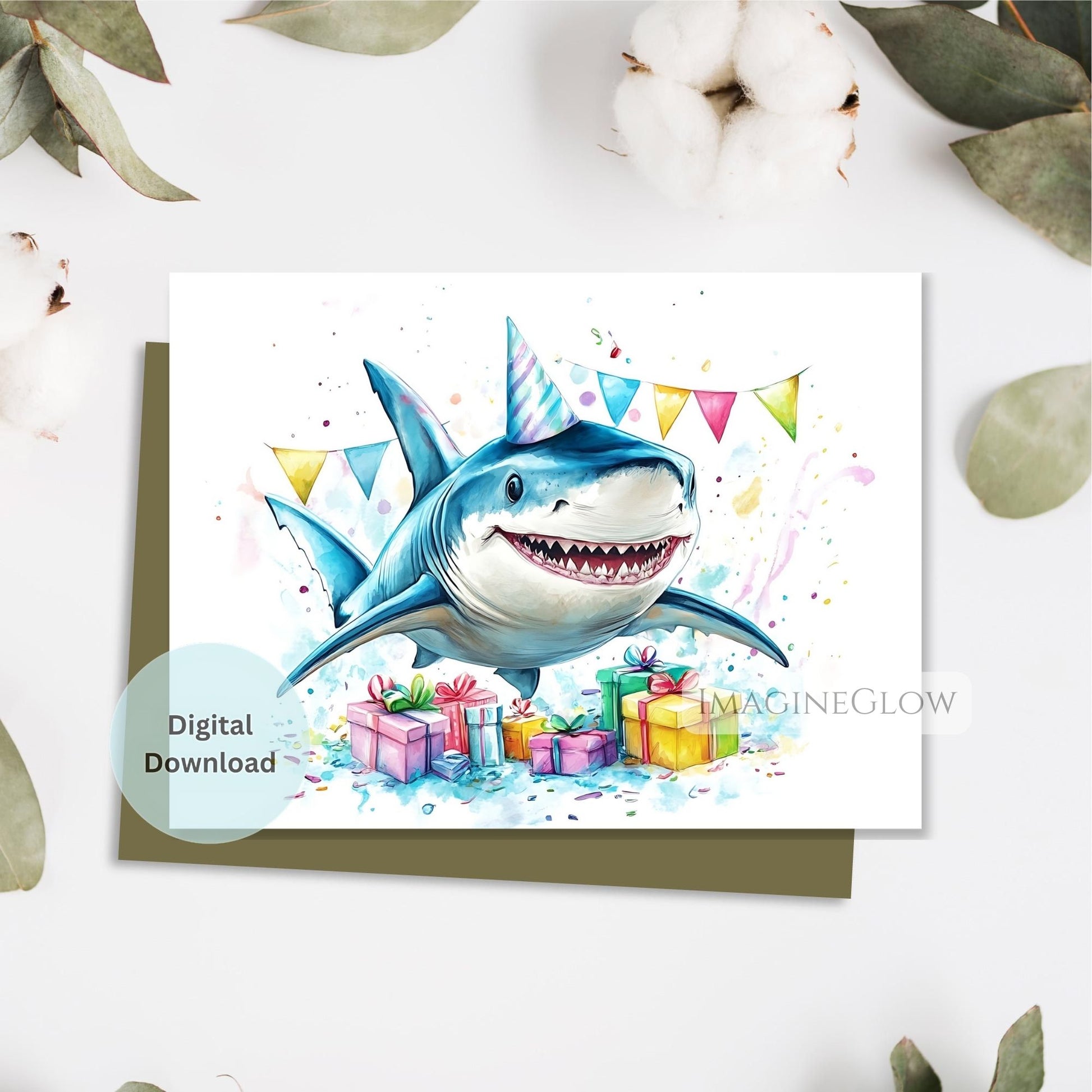 Birthday card with a shark wearing a party hat and surrounded by presents on a white background.