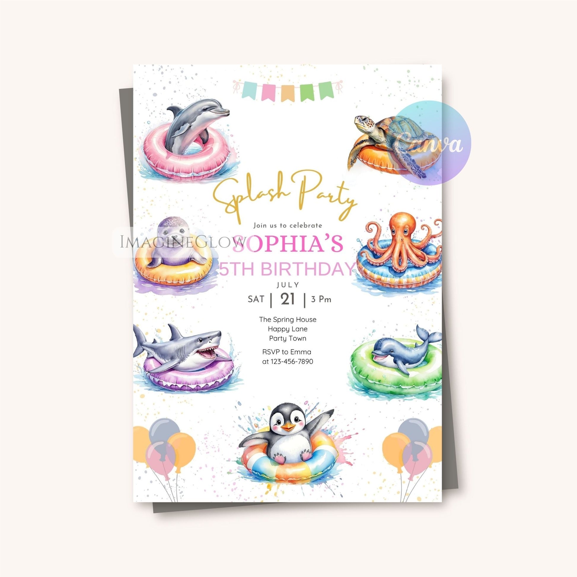 Birthday party invitation with underwater-themed illustrations on a white background