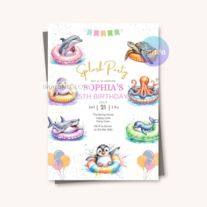 Birthday party invitation with underwater-themed illustrations on a white background