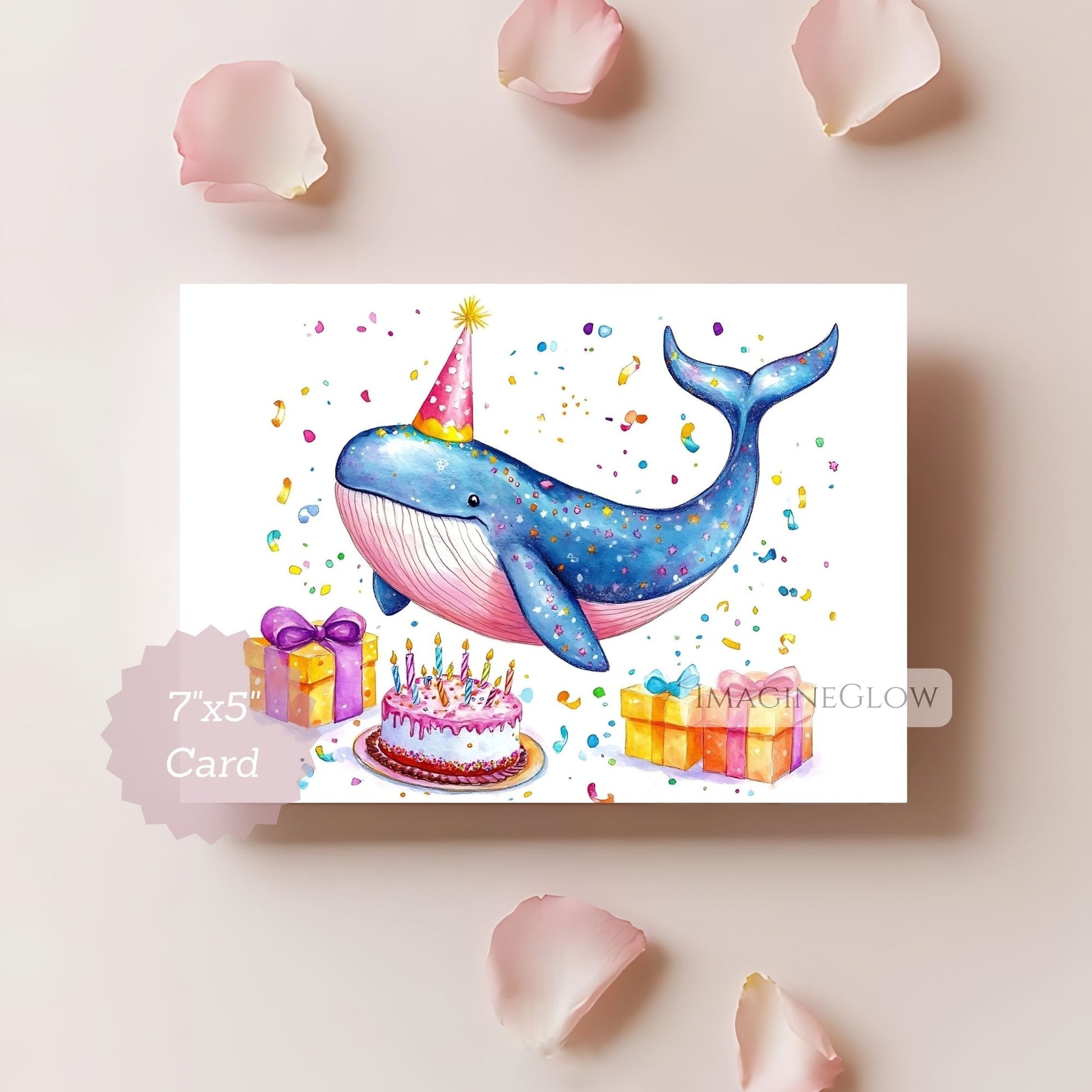 Birthday card with a whale wearing a party hat, cake, and presents on a light background.