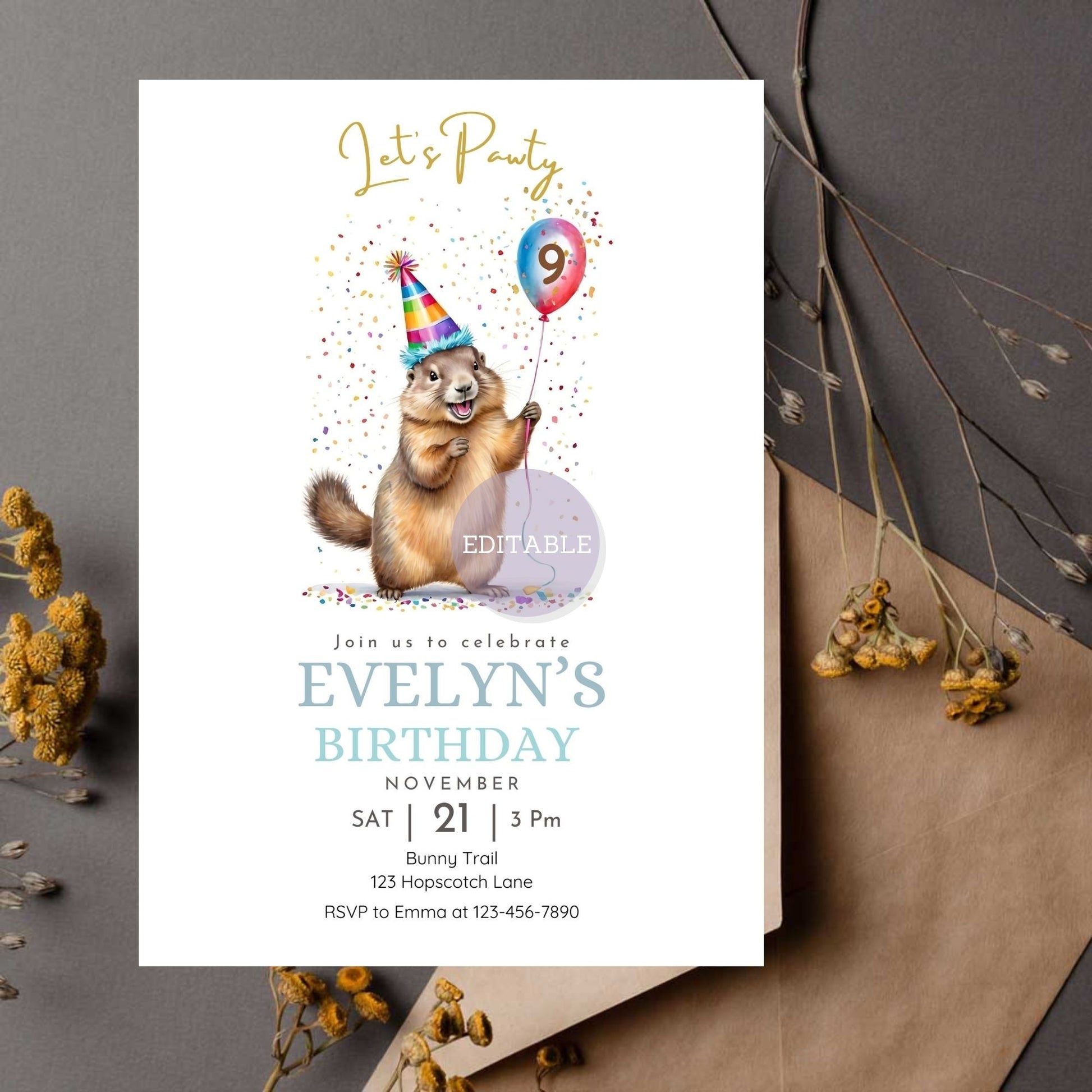 Editable marmot birthday party invitation with balloons and age.
